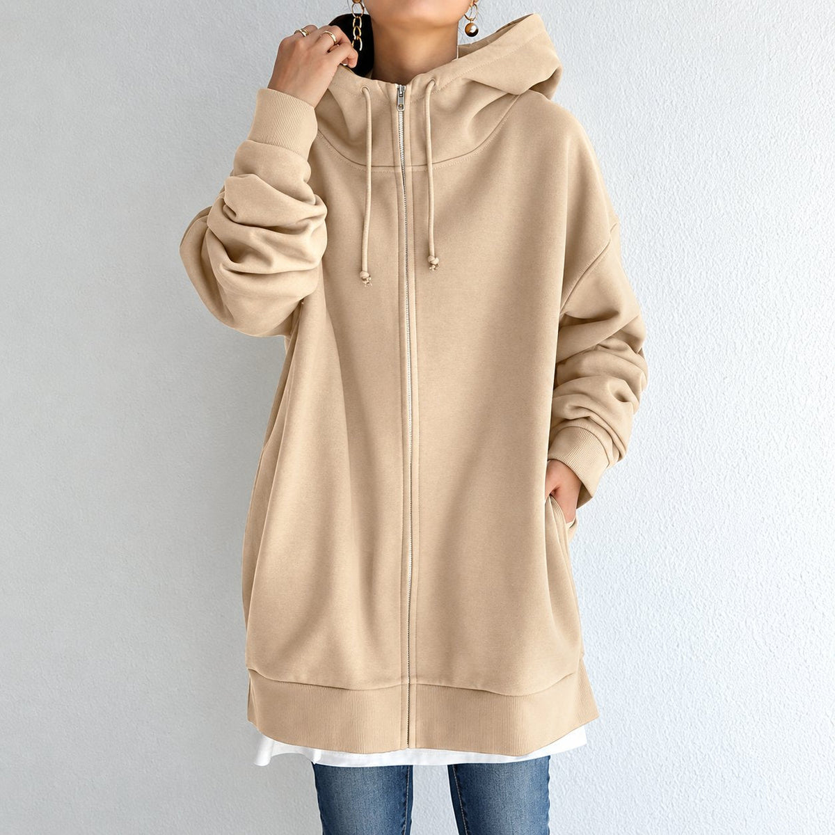 Real Vensa product photograph of an oversized fleece-lined zip hoodie