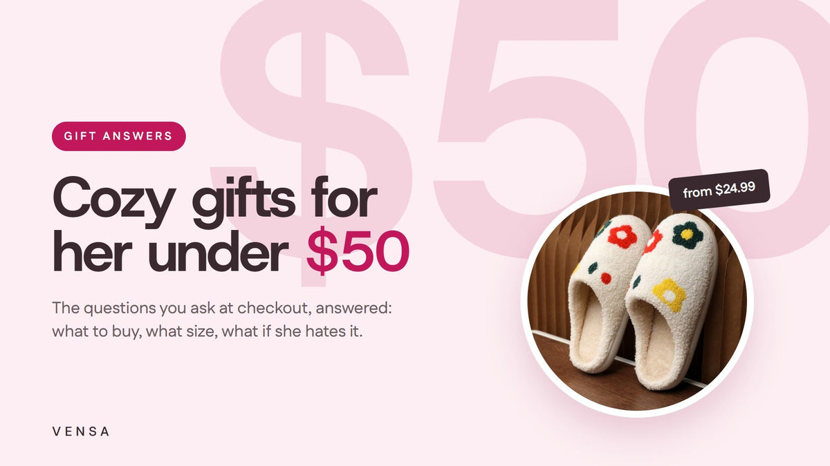 Cream flower plush slippers next to the headline Cozy gifts for her under $50
