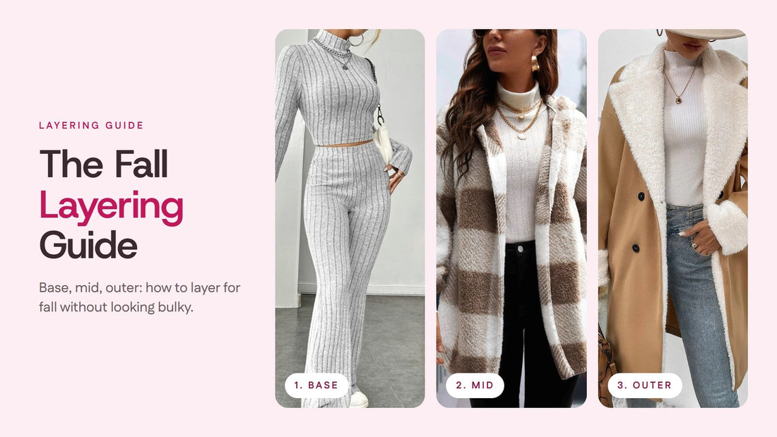 Fall layering guide: grey ribbed turtleneck set as the base layer, plaid knit shacket as the mid layer and tan sherpa-trim long coat as the outer layer