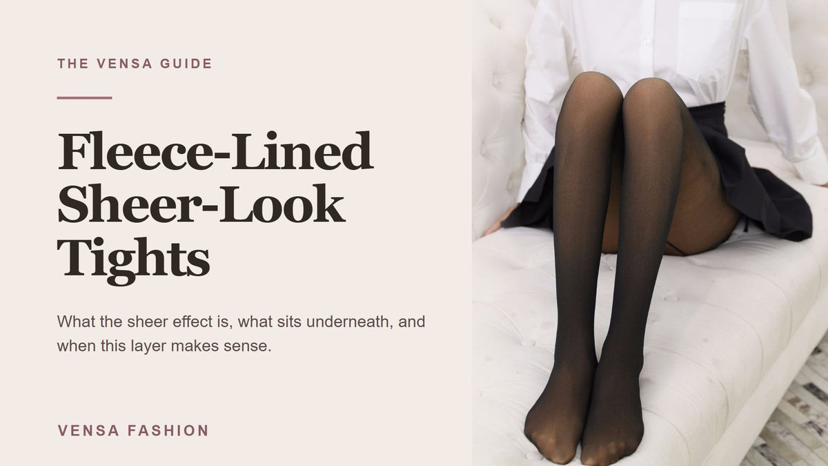 Vensa fleece-lined sheer-look tights with guide title and photo of the tights being worn