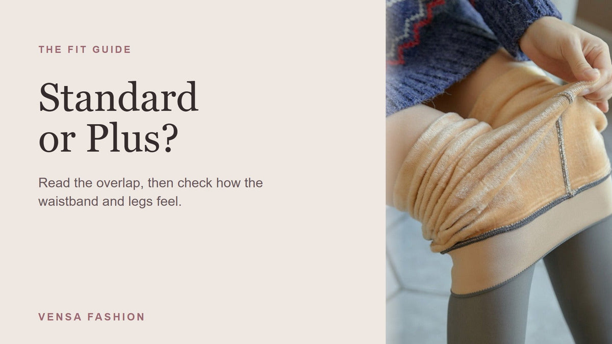 Vensa Standard or Plus fleece-lined tights size guide beside a real lining product photo