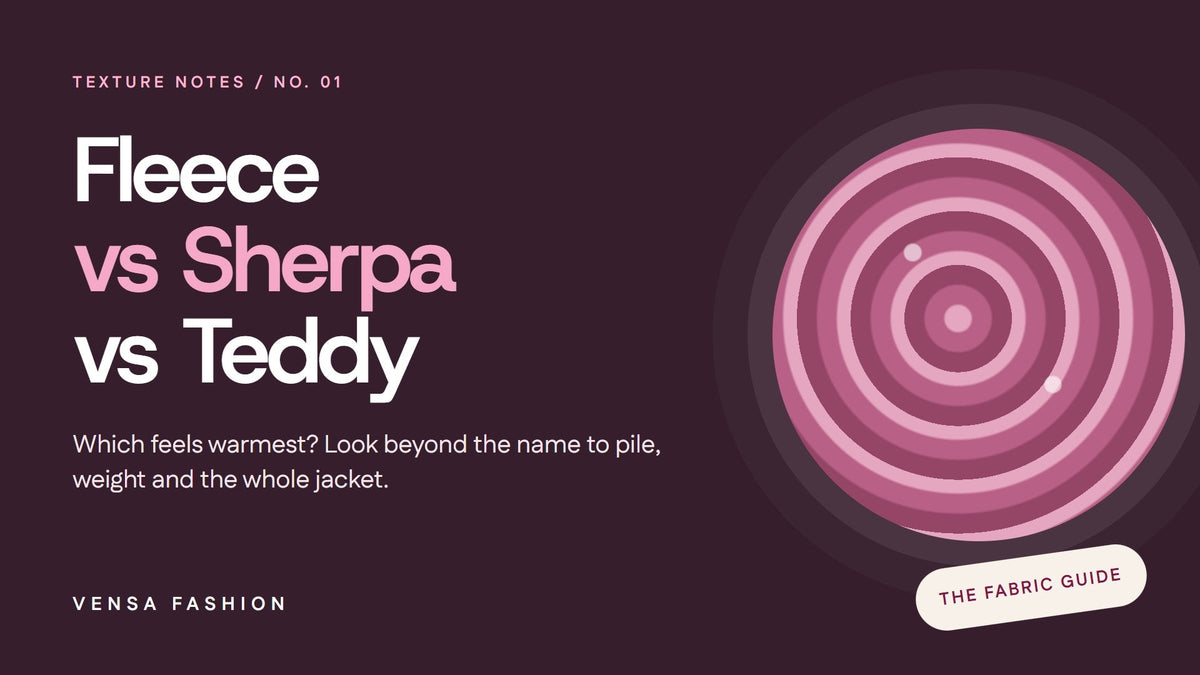 Fleece, sherpa and teddy fabric names arranged on a soft pink editorial cover