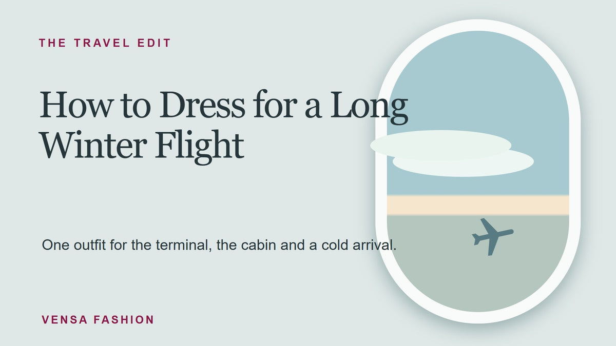 Illustrated airplane window with a guide headline about dressing for a long winter flight