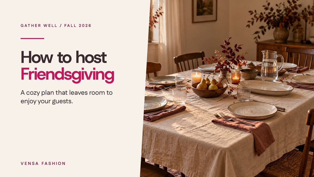 Illustrated Friendsgiving table set for six beside the title How to Host Friendsgiving