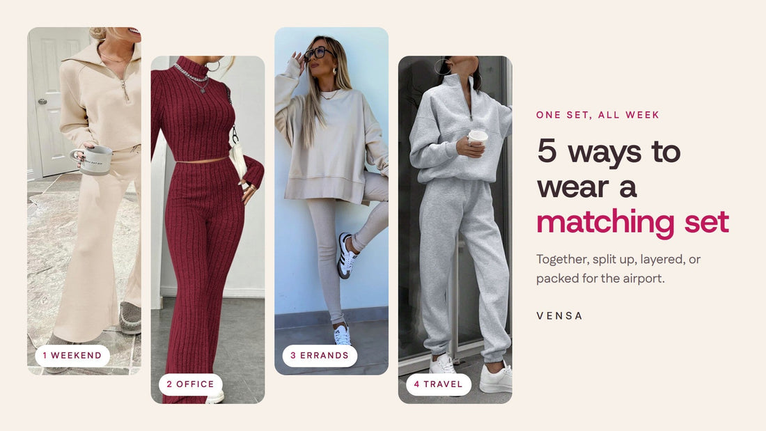 Four matching sets labeled weekend, office, errands and travel next to the title 5 ways to wear a matching set
