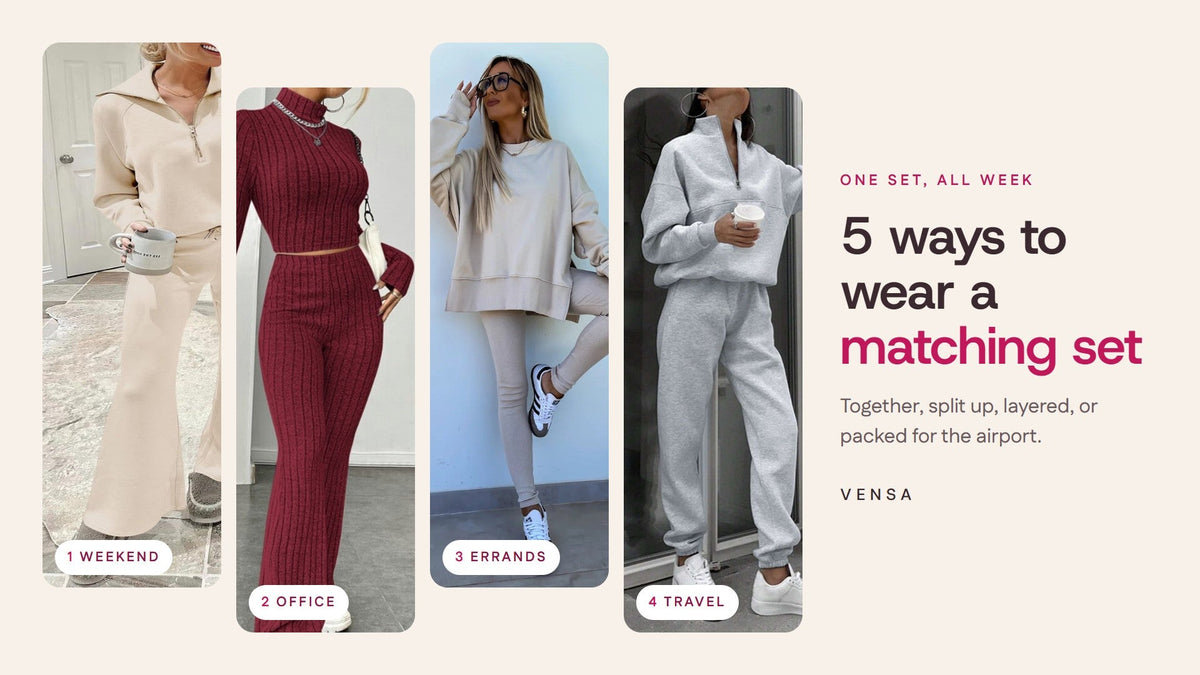 Four matching sets labeled weekend, office, errands and travel next to the title 5 ways to wear a matching set