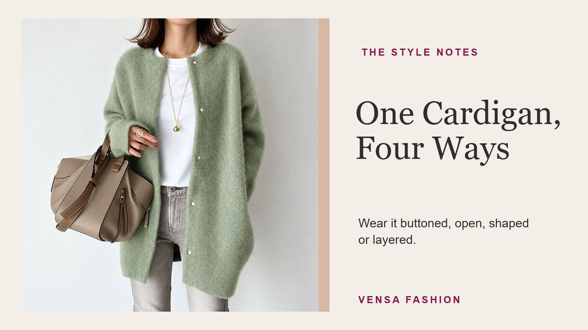 Real light green Vensa button-front cardigan beside a four-way styling headline