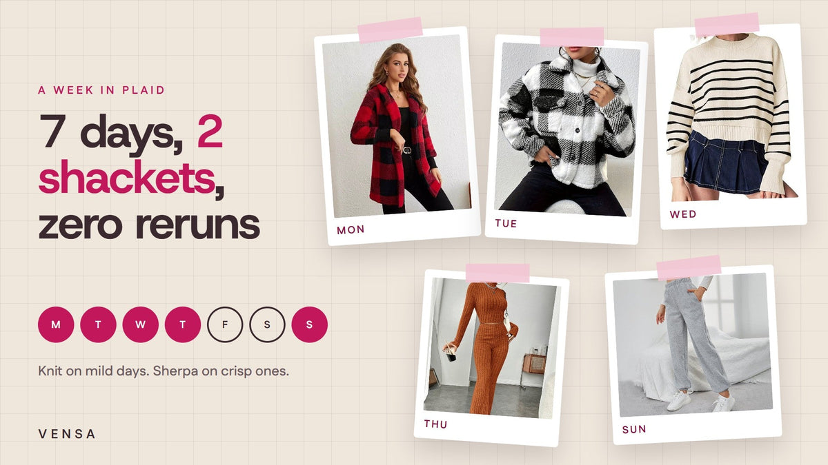 Moodboard of a plaid shacket week: red plaid knit shacket, black and white plaid sherpa shacket, cropped striped sweater, rust ribbed turtleneck set and gray sweatpants