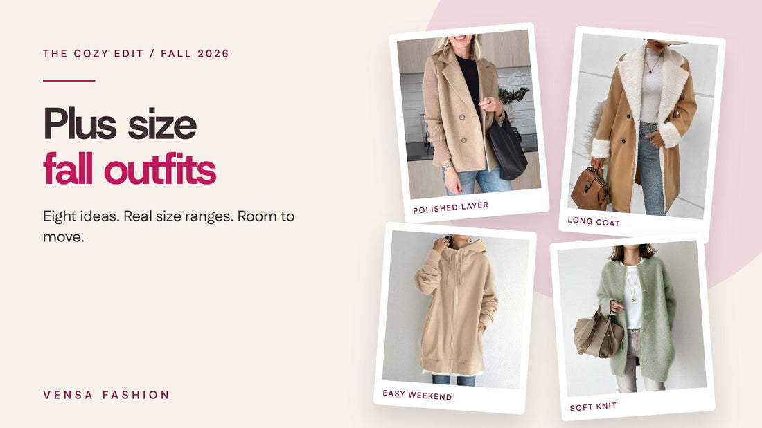 Moodboard of a knit-sleeve jacket, sherpa-trim long coat, oversized hoodie and cotton cardigan for plus size fall outfits