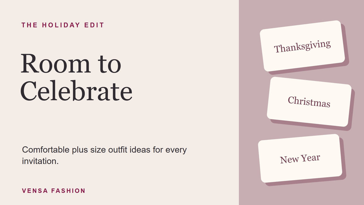Graphic with Thanksgiving, Christmas and New Year invitations beside comfortable plus size outfit headline