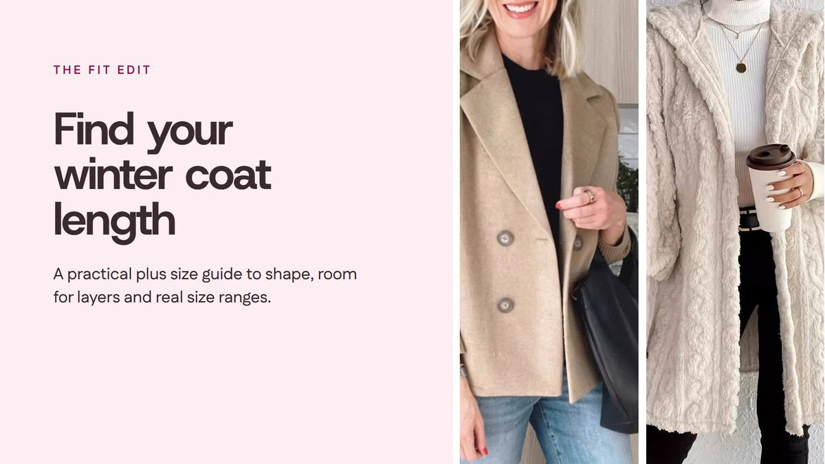 Two real Vensa outerwear photos beside a guide to winter coat length
