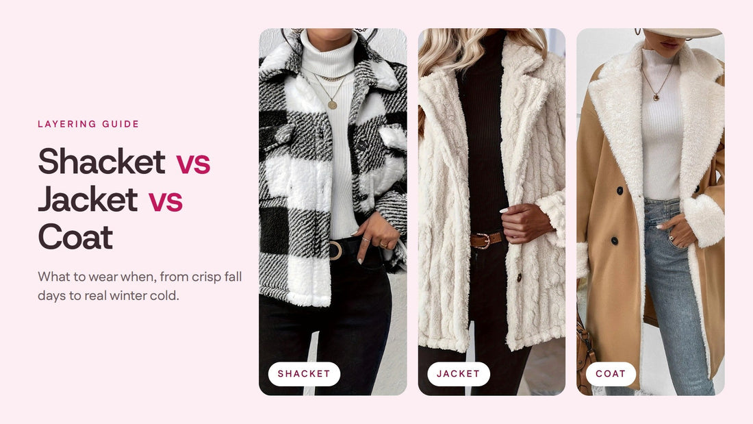 Plaid sherpa shacket, cream teddy jacket and tan sherpa-trim long coat side by side