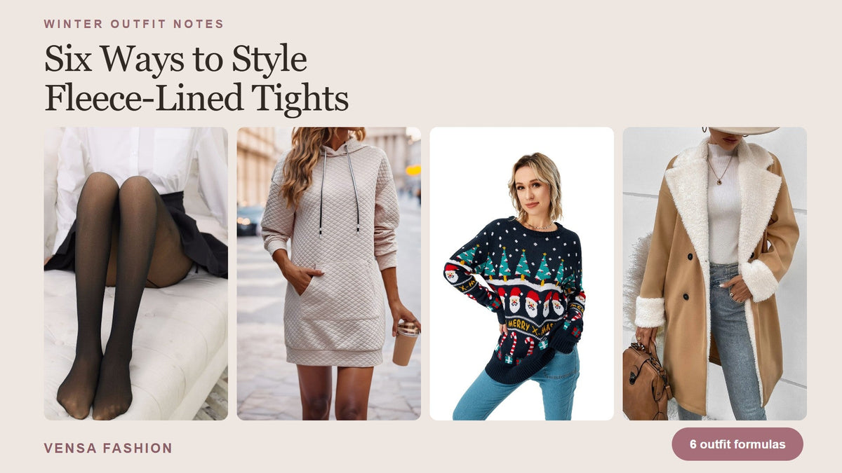 Collage of Vensa tights, quilted hoodie dress, festive sweater and sherpa-trim coat