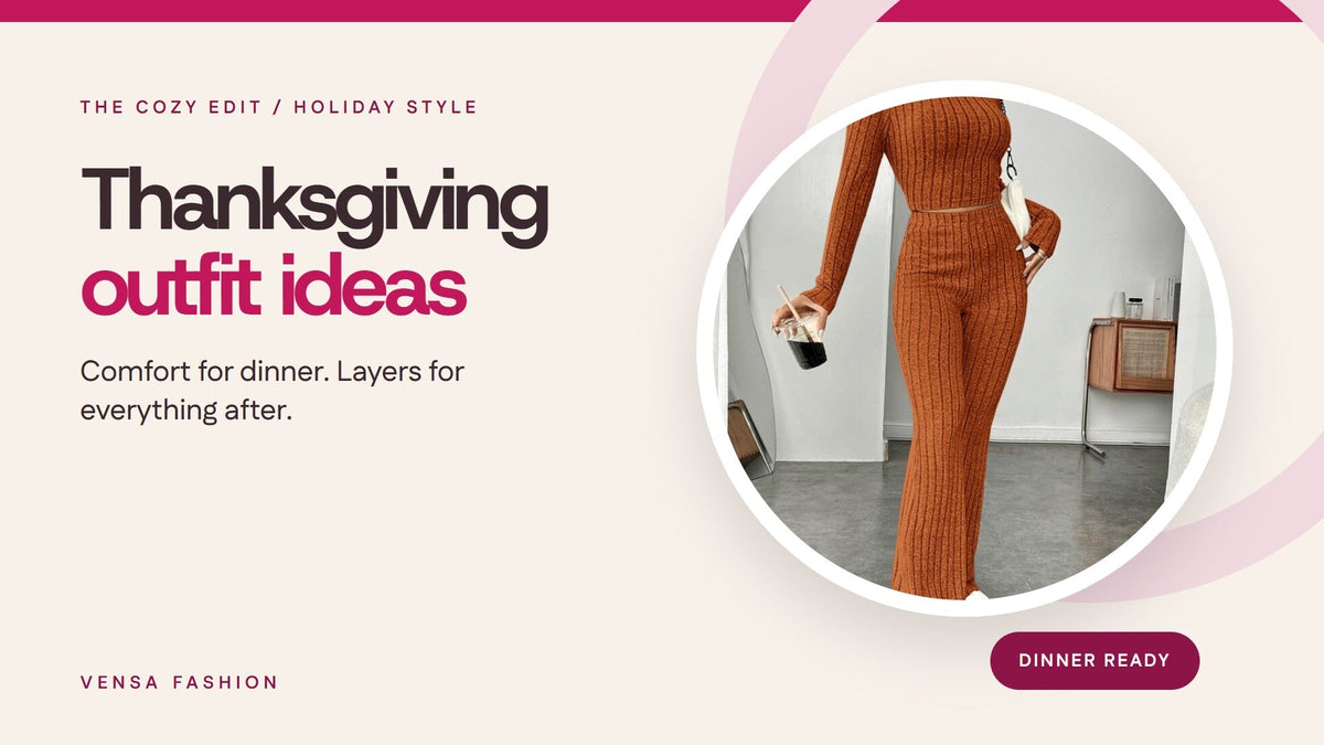 Thanksgiving outfit ideas cover featuring the real orange ribbed turtleneck and wide leg set