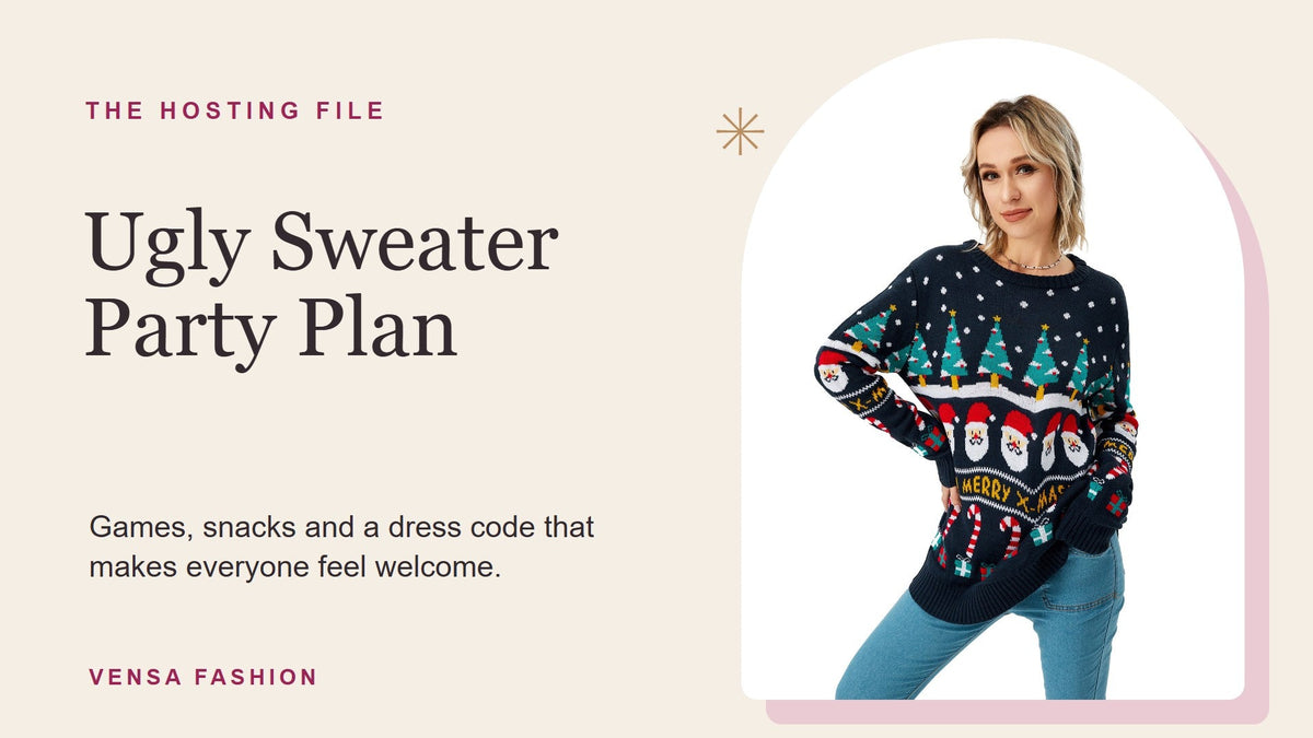 Woman wearing a real Vensa Christmas tree sweater beside an ugly sweater party planning headline