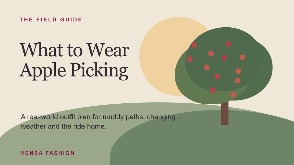 Illustrated apple orchard with a field guide headline about what to wear apple picking