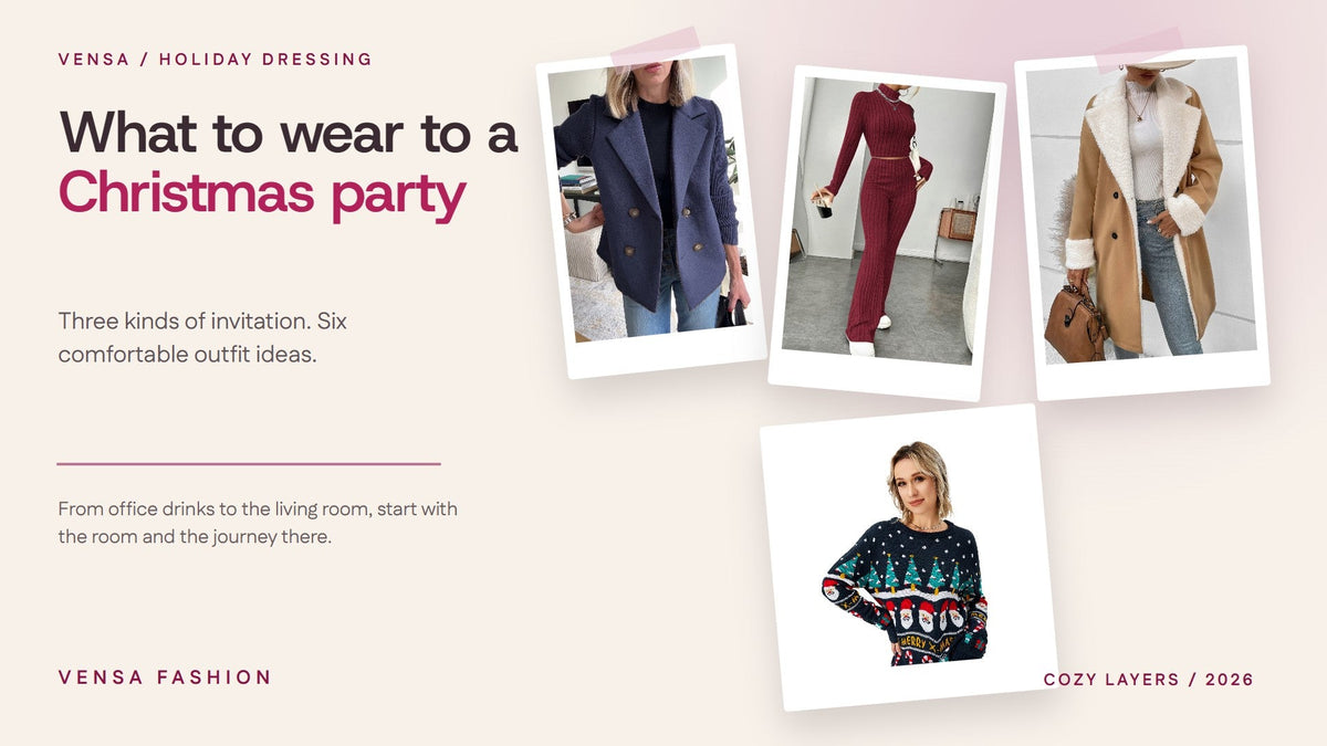 Holiday moodboard of a knit-sleeve jacket, ribbed matching set, sherpa-trim coat and Christmas tree sweater
