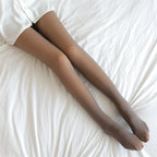 Coffee fleece-lined sheer look tights, footed style