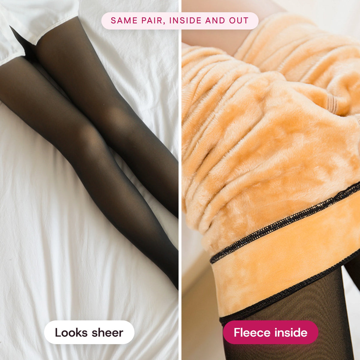 Black fleece-lined sheer look tights: sheer from the outside, thick fleece lining inside